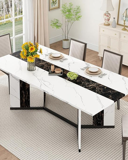 71 inch Dining Table for 4 5 6 | Modern White&Black Rectangular Kitchen Table W/Waterproof Wood Tabletop,Farmhouse Long Dining Room Tables W/Adjustable Legs&Wood Strip Base for Kitchen Living Room