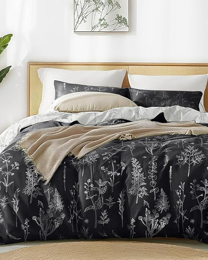 Love's cabin Black Queen Comforter Set - Queen Size Comforter Set, 3 Pieces Cute Floral Bedding Sets for All Seasons,1 Soft Reversible Botanical Flowers Comforter and 2 Pillow Shams