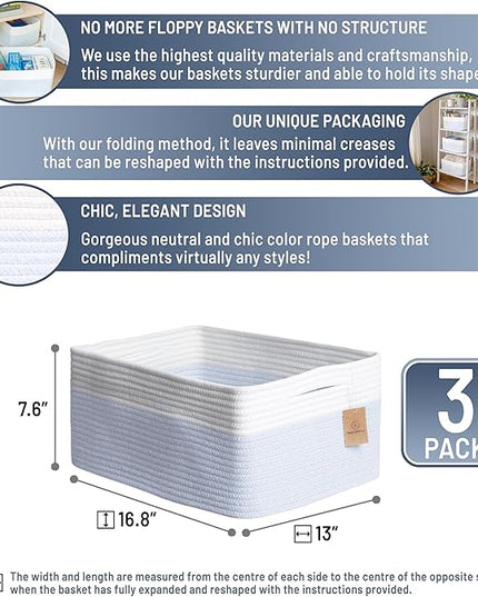 NaturalCozy Storage Baskets 16.8”x13”x7.6” Cotton Rope Woven Baskets for Organizing 3-Pack | Toy Storage Bins | Basket for Shelves, Laundry, Blanket, Clothes, Closet, Kitchen, Bathroom, Gifts