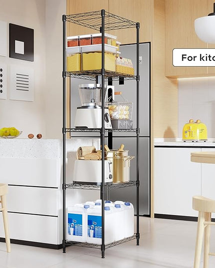 5 Tiers Shelf Metal Storage Shelves Wire Rack Closet Organizers with Wheel for Garage Kitchen Bathroom Laundry Black 11.8" D x 17.7" W x 55" H
