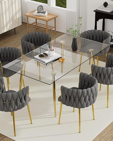 Gold Glass Dining Room Table Set for 6, 63'' Modern Luxury Rectangular Dinner Table Set, 7 Pieces Clear Glass Top Minimalist Kitchen Table Set, Grey Woven Dining Chair for Home Large Place