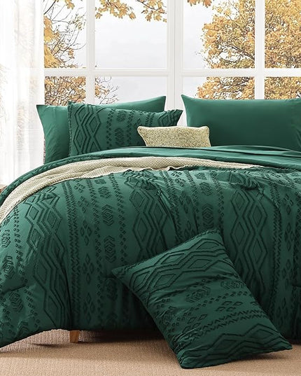 Full Size Comforter Set Emerald Green, Tufted Boho Bedding Dark Green Farmhouse Bed Set, All Season 7 Pieces Bed in a Bag with Sheets, Pillowcases & Shams