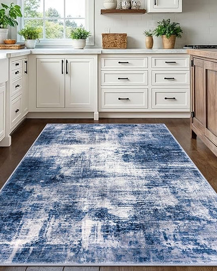 IOHOUZE Abstract Area Rugs 5x7 Ft Washable Rugs for Living Room, Non Slip Dining Room Rug, Printed Faux Wool Rugs for Bedroom, Floor Carpet for Kitchen Nursery Playroom, Navy/Grey