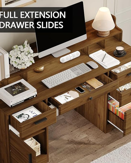 Executive Desk with File Drawers,Computer Desk with Storage,58 Inch Home Office Desk with Storage Cabinet for Bedroom, Rustic Brown