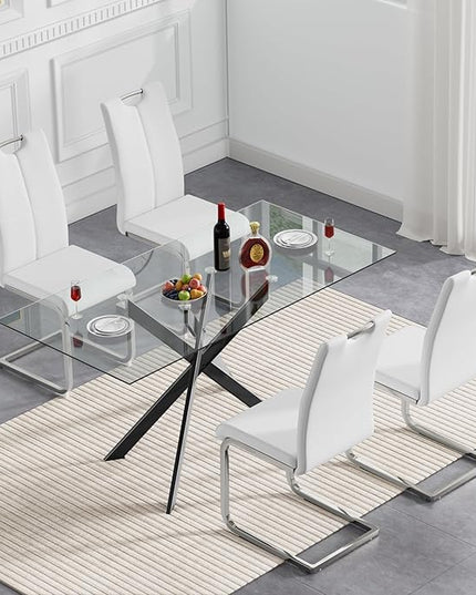 HomVent 5 Pieces Rectangular Glass Dining Table Table Set, Glass Kitchen Table Set for 4 with 4 PU Dining Chairs for Kitchen Dining Room