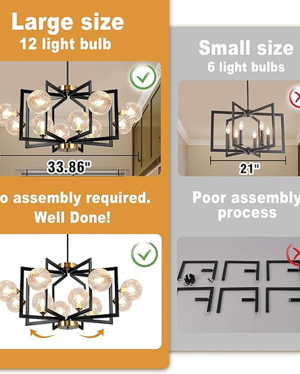 12 Light Black Dining Room Light Fixture Geometric Metal Hanging Pendant Light Fixtures Black Farmhouse Chandelier with Clear Swirled Globe Farmhouse Dining Room Chandelier for Entryway Foyer Kitchen