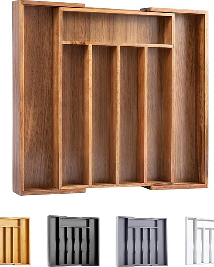 Bellsal Acacia Silverware Organizer Kitchen Drawer Organizer Expandable Bamboo Utensil Holder Cutlery Tray for Kitchen Utensil and Flatware Bedroom Office
