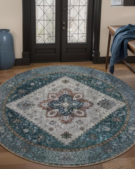Ciicool Circle Boho Area Rug 4x4ft Round Washable Bedroom Non-Slip Vintage Entryway Throw Low-Pile Indoor Carpet for Living Room Foyer
