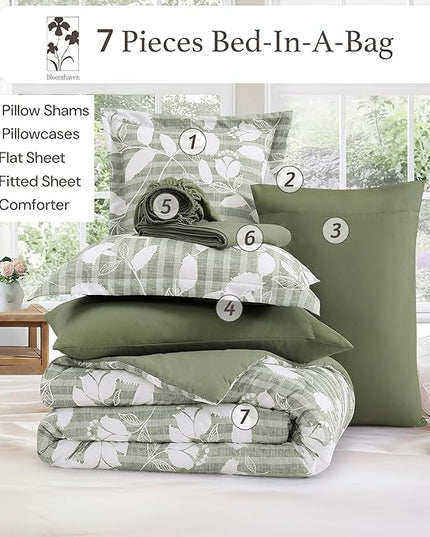 Full Comforter Set -7 Pieces Sage Green Floral Comforter Set for All Seasons, Bed in a Bag Full with Botanical Flowers Comforter, Sheets, Pillowcases & Shams