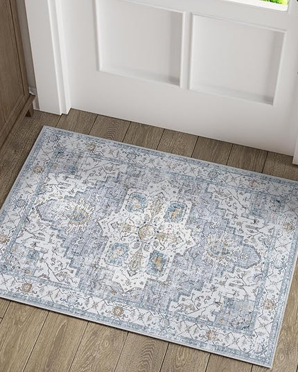 jinchan Oriental 2x3 Rug for Entryway - Machine Washable Non-Slip Doormat Ultra-Thin Low-Pile Small Vintage Floral Distressed Accent Rug for Entrance Bedroom Kitchen Bathroom (2x3ft, Grey/Blue)