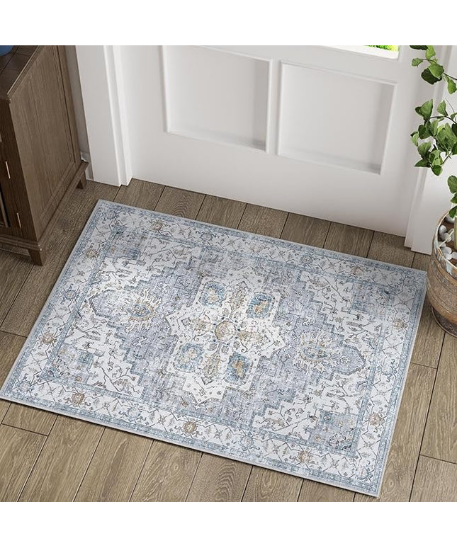 jinchan Oriental 2x3 Rug for Entryway - Machine Washable Non-Slip Doormat Ultra-Thin Low-Pile Small Vintage Floral Distressed Accent Rug for Entrance Bedroom Kitchen Bathroom (2x3ft, Grey/Blue)
