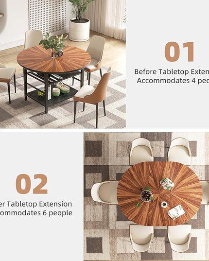 VFK 47.2"-63" Extendable Round Dining Table Set for 4–6, Solid Wood & Metal Table with Wine Rack Storage Shelf, Walnut Kitchen Furniture with 4 Upholstered Chairs (Storage Table and 4 Brown Chairs)