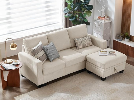 CHIC HOUSE Corduroy Modular Sectional Couch with Ottoman Chaise, L/U Shaped Sleeper Sofa for Living Room, Apartment, Lounge, Modern Armrest Neck Support Furniture (4 Seater Sectional, Beige)