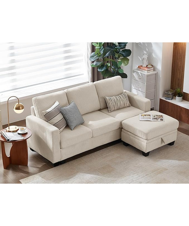 CHIC HOUSE Corduroy Modular Sectional Couch with Ottoman Chaise, L/U Shaped Sleeper Sofa for Living Room, Apartment, Lounge, Modern Armrest Neck Support Furniture (4 Seater Sectional, Beige)