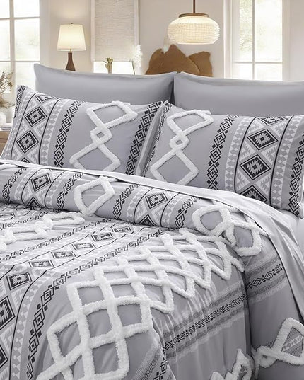 MOVE OVER Gray Tufted Comforter Set Queen Size 5 Pieces Bohemian Style Geometric Tufted Bedding Set Farmhouse Boho Aztec Comforter Set with 2 Decor Pillow Covers for Room Decor