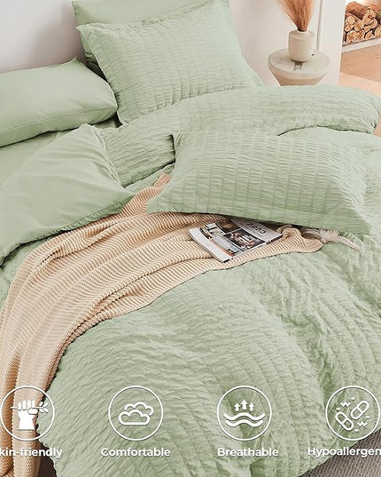 HYMOKEGE Light Green Twin Comforter Set Seersucker 5 Pieces, All Season Luxury Bed in a Bag for Bedroom, Bedding Set with Comforters, Sheets, Pillowcase & Shams
