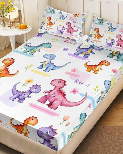 AILONEN Kids Cartoon Dinosaur Fitted Sheet Set for Boys,Girls,Colorful Dinos Bedding Set, Queen Size, Lovely Dinosaur Bed Sheet Set,3-Piece 1 Sheet Set + 2 Pillowcases
