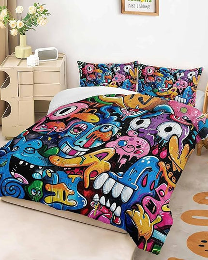 AILONEN Graffiti Bedding Sets for Kids Teens Twin Size,Monster Graffiti Colorful Print Comforter Set,Funny Monsters Duvet Set,3-Piece, 1 Quilt and 2 Pillowcases,Soft Microfiber
