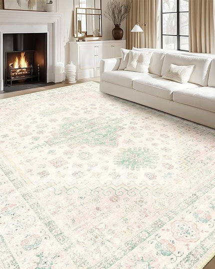 MUJOO 8x10 Area Rugs,Washable Rugs for Living Room Dining Room Bedroom,Large Boho Throw Carpet,Non Slip Big Indoor Low Pile Light Pink and Green