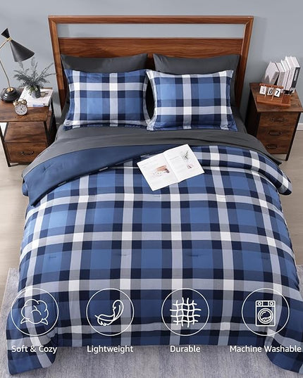 MaiRêve Queen Size Plaid Comforter Set Indigo Blue, Classic Checkered 7 Pieces Farmhouse Bedding Set, All Season Lightweight Bed in A Bag with Sheets, Pillowcases & Shams