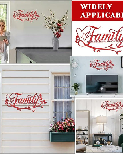 Family Where Life Begins Love Never Ends Word Sign Metal Wall Decor, Black Home Decor Wall Art Decorations, Letters Quotes Sign for Living Room Bedroom Kitchen Indoor Outdoor Decor(17.5", Red)