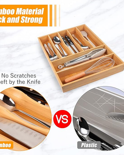 Bellsal Bamboo Silverware Drawer Organizer, Kitchen Utensil Drawer Organizers, 12"x15.7" Utensils Holder Cutlery Tray with Grooved Drawer Dividers for Kitchen Flatware Bedroom Office(7 Slot, Natural)