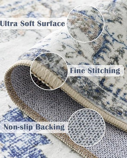 jinchan Kalen Runner Rug 3x10 Washable Area Rug Soft Vintage Indoor Floor Cover Thin Retro Distressed Blue Multi Carpet Floral Print Country Non Slip for Bathroom Kitchen Bedroom Living Room