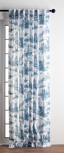Maison d' Hermine Curtains for Living Room 100% Cotton 124 inch Length Two Panels Light Filtering Toile Curtains for Bedroom with Rod and Loop Pockets (Calais Blue (White Background), 50" W x 124" L)