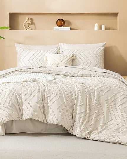 Litanika Twin Comforter Set with Sheets Beige - 5 Pieces Boho Tufted Shabby Chic Bed in a Bag, Fluffy Soft Farmhouse Bed Set for All Seasons