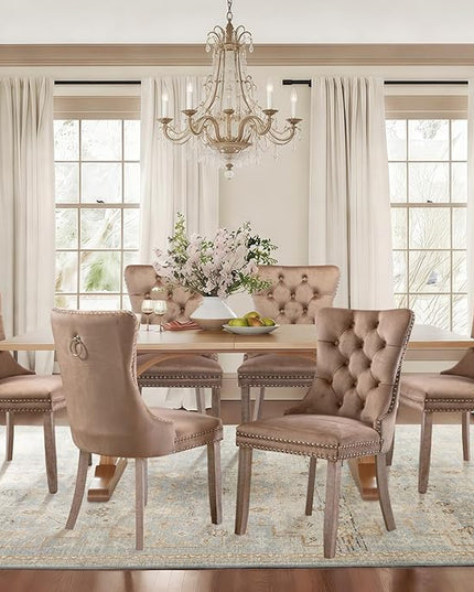 SoarFlash Velvet Dining Chairs Set of 2, Tall Back Side Chair, Modern Upholstered High-end Tufted Side Chair with Button Back Ring, Solid Wood Legs (Khaki)