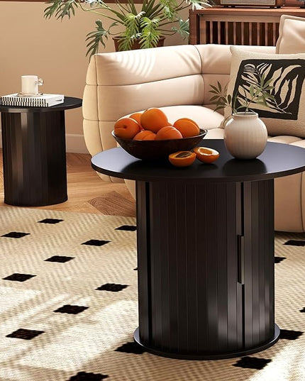 COSVALVE Nesting Coffee Table Set of 2 with Hidden Storage & Sliding Door, Circle Wood Coffee Table, Farmhouse Side & End Table Sets for Living Room, Small Spaces, Black
