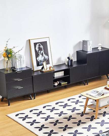 Modern Sideboard Buffet Cabinet Console Table, Accent Storage Cabinets Credenza Buffer Cabinet with 4 Fluted Doors for Kitchen Dining Living Room Entryway(Black)