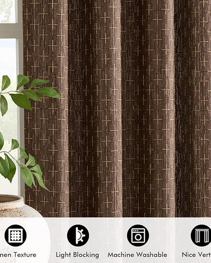 MIULEE Decorative Back Tab Linen Curtains with Geometric Pattern for Living Room Bedroom Farmhouse Rustic Thick Woven Textured Patterned Mudcloth Drapes 72 Inches Long 2 Panels Set, Dark Coffee