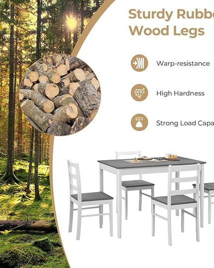 Tangkula Dining Table Set for 4, Farmhouse Solid Wood Dinette Set w/Rubber Wood Legs, Compact Wooden Dining Table and Chairs Set for Kitchen, Dining Room (Grey+White)