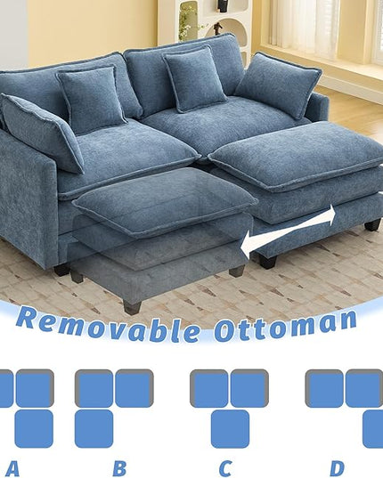 76'' Cloud Deep Seat Loveseat Sofa, Upholstered Chenille Modular 3-Seats Sectional Sofa Couch with Movable Ottoman, Modern Comfy Settee Loveseat for Living Room Set, Small Apartment, Blue