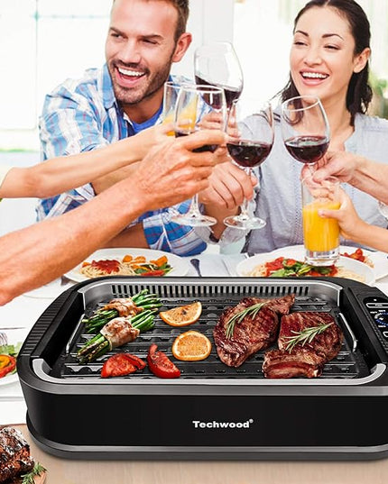 Indoor Grill, Techwood 1500W Smokeless Electric Grill with Tempered Glass Lid, Compact & Portable Non-Stick BBQ Grill with 6-Level Control, Dishwasher Safe, Black