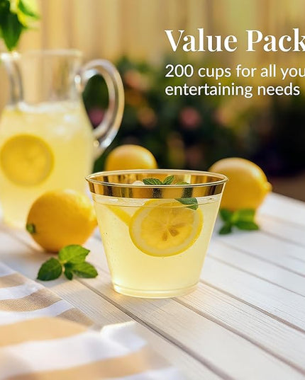 Prestee Hard Disposable Cups - Heavy Duty Fancy Plastic Cups - Plastic Cocktail Drinkware - Disposable Drinking Cup 9 oz - Bulk Drinking Glasses for Wedding - 200ct Gold Tumblers