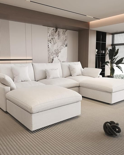 120" Cloud Couch Modular Sectional Sofa with Ottoman,Down Filled U Shaped 5 Seater Convertible Sofa,Cover Washable and Replaceable Couches for Living Room,White