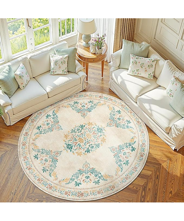 jinchan Round Rug 6ft Area Rugs Vintage Floral Distressed Design, Machine Washable Soft Non-Slip Low-Pile Ultra-Thin Circle Rug for Bedside Living Room Dining Room Bedroom (6' Round, Apricot Multi)