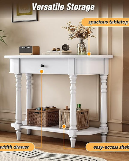 HMFULE Retro Curved Console Table, 36" Solid Wood Half Moon Console Table Sofa Table Entryway Table with 1 Drawer 1 Open Shelf Roman Legs Curved Corners for Living Room,Entryway,Hallway,White