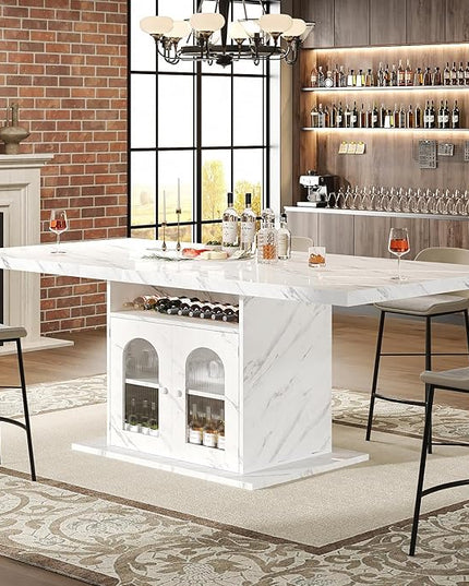 HSH Dining Table for 4–6, 63" Modern Kitchen Dining Room Table with Storage Shelves & Acrylic Door Cabinet,Wood Rectangle Dinner Table with Faux Marble Top for Home Apartment, White Faux Marble