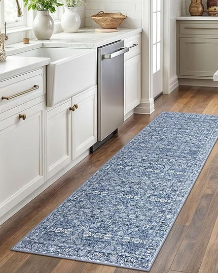 2x6 Runner Washable Rug for Hallways, Blue Soft Classic Kitchen Rugs with Non-Slip, Non-Shedding Distressed Floral Rug for Hallways Entryway Bedroom Bathroom Laundry