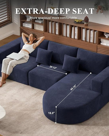Boneless Couches for Living Room,Modular Sectional Sofa with Ottoman,Cloud Couch in a Box,Sponge Compression U Shaped Sofas with Chaise No Assembly Required(Blue-Corduroy Fabric) 1pcs