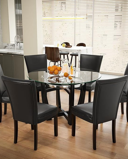 PADMA HOUSE Round Glass Dining Table Set for 4, 45in Modern Kitchen Dinner Table with 4 Parsons Leather Dining Chairs 5 Piece Dining Room Wood Glass Table Chair Set, Clear&Black