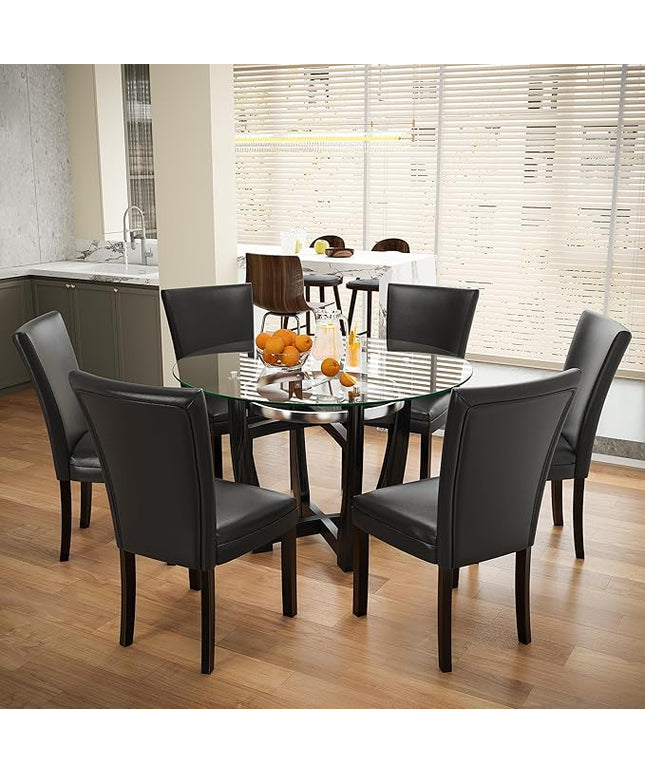 PADMA HOUSE Round Glass Dining Table Set for 6, 45in Modern Kitchen Small Wood Dinner Table with 6 Parsons Leather Dining Chairs 7 Piece Dining Room Table Chair Set, Clear&Black