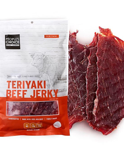 People’s Choice Beef Jerky – Teriyaki Big Slab – Whole Muscle, Thin-Sliced, Slab Jerky Texture – 10g Protein per Serving – Made in USA – 15 Count, 19.2 oz Bag