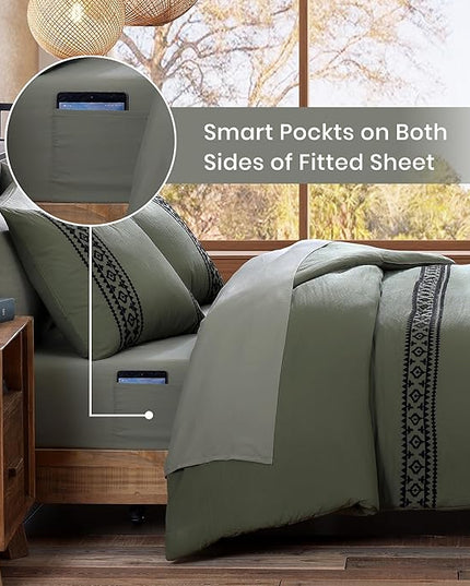MaiRêve Embroidery Comforter Set, Boho Farmhouse Western Bedding Set, All Season Bed in A Bag Comforter Set with Sheets, Pillowcases & Shams, Olive Green Full 7 Pieces