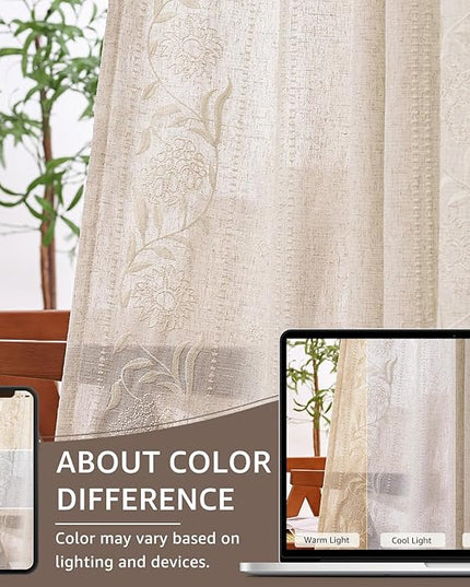 jinchan Winslow Linen Curtains for Living Room Floral Curtains 84 Inch Length Ivory Embroidered Bordered for Sitting Room Farmhouse Decor Light Filtering Window Treatments Set of 4