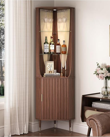 70" Tall Corner Cabinet,Mid Century Modern Cabinet with Doors,Fluted Corner Bar Cabinet with Glass Holder,Lights and Storage Shelves,Wine Bar Cabinet for Liquor, Living Room, Kitchen, Walnut