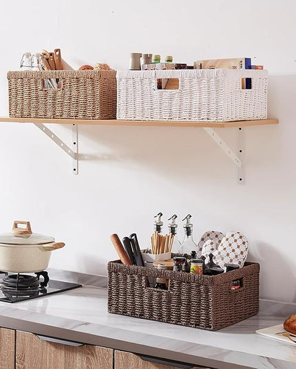OIAHOMY Wicker Basket, Paper Shelf Basket with Built-in Handles, Rectangular Wicker Storage Bin for Pantry, Shelves, 1 Pack-White